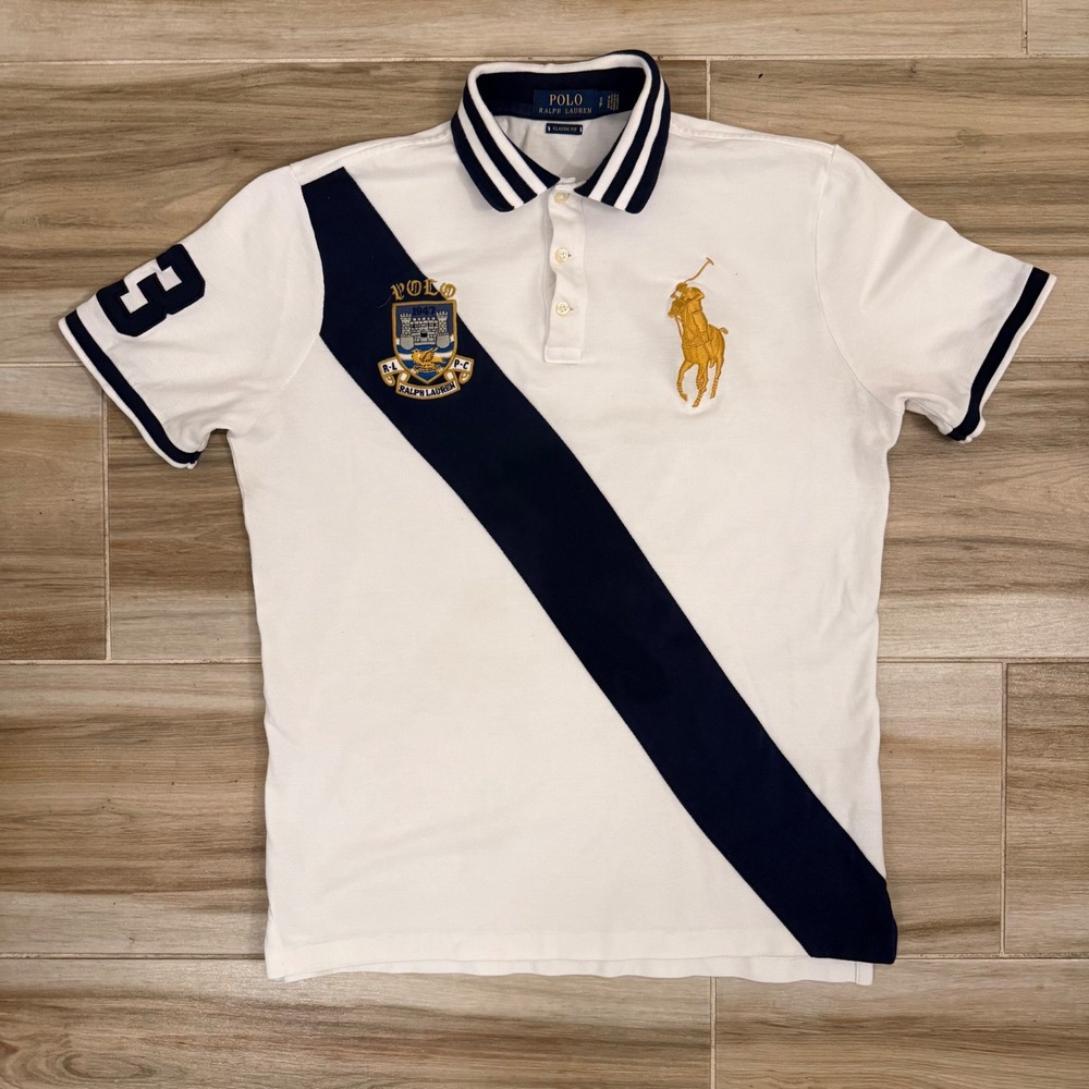 Polo Ralph Lauren Mens Classic Fit Big Pony Crest Sash Polo Shirt White Small